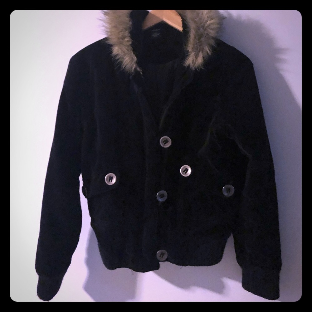 Black Felt Material Coat with Faux Fur